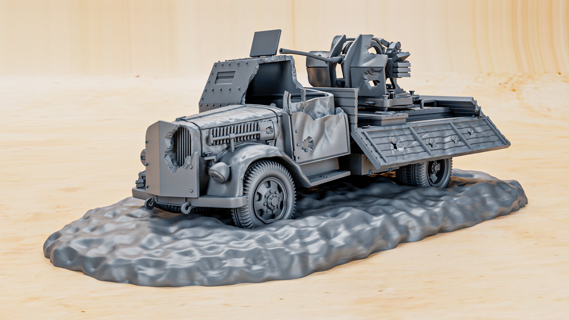 Destroyed - Opel Blitz 3t with FLAK38 20mm with armored cab - 28mm Scale - wargame3d