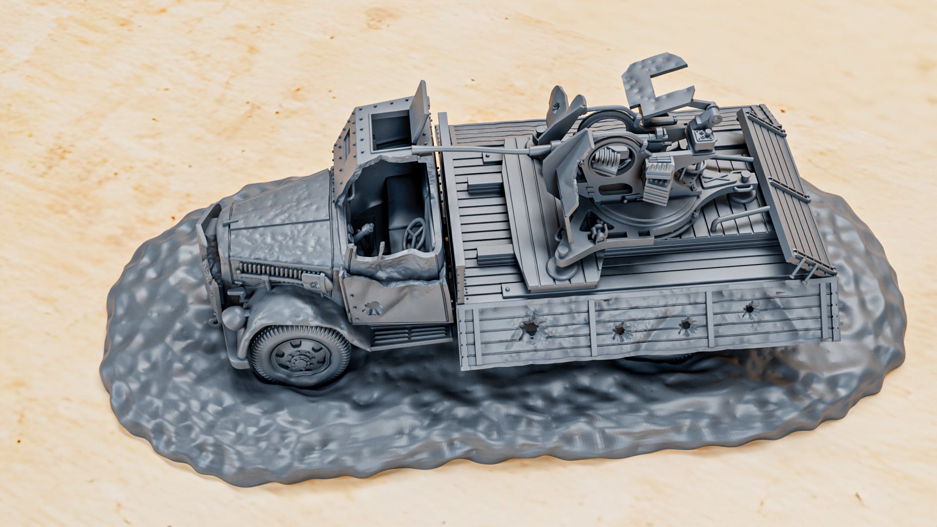 Destroyed - Opel Blitz 3t with FLAK38 20mm with armored cab - 28mm Scale - wargame3d