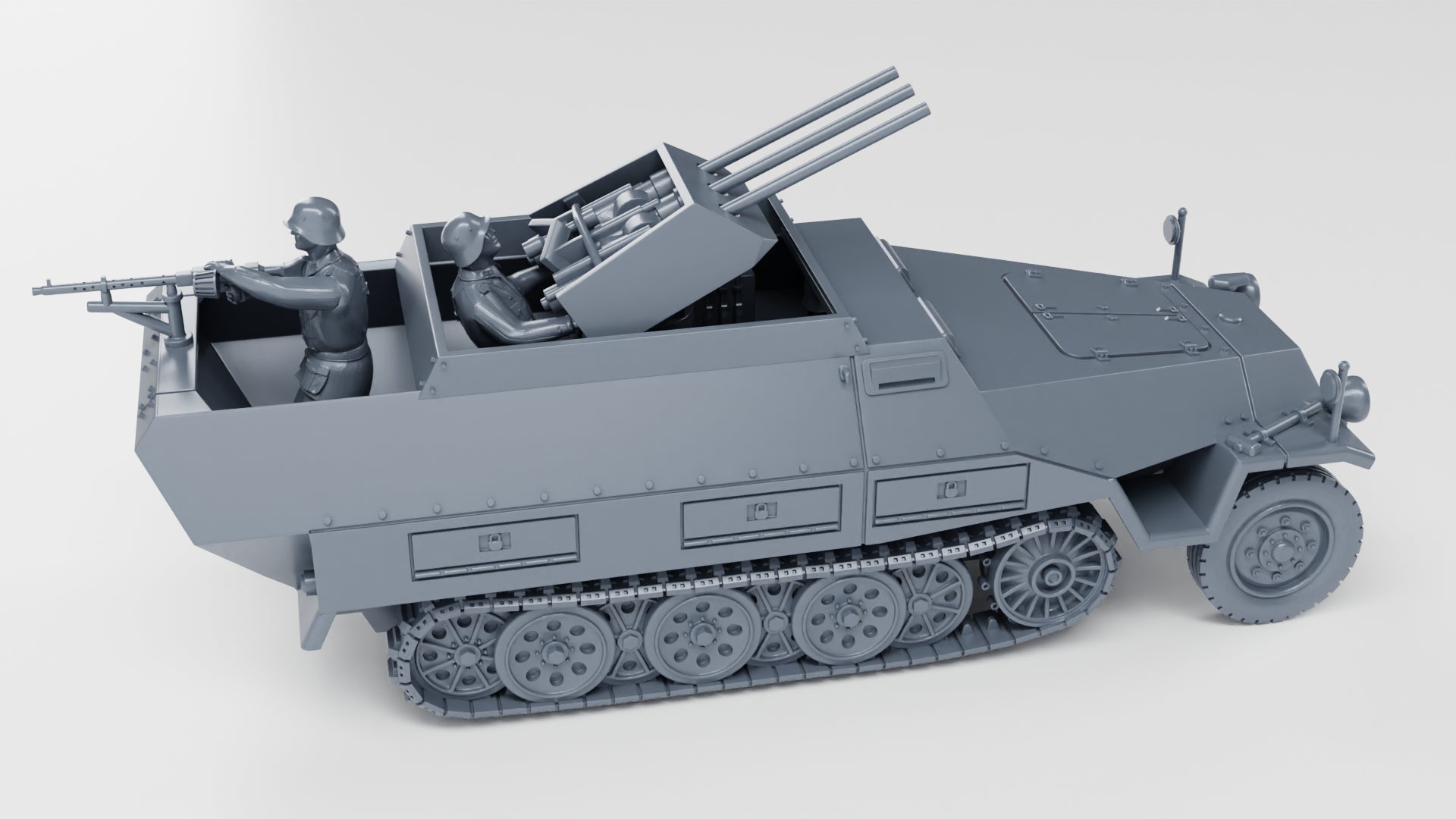 Half-track Sd.Kfz.251/21 Ausf.D Fliegerabwehr Schutzenpanzerwagen (Drilling) + Crewmen - German Army - wargame3d - 28mm Scale