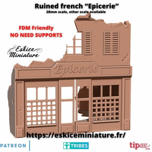 Ruined French Epicerie - French Structures - 28mm - Eskice Miniature