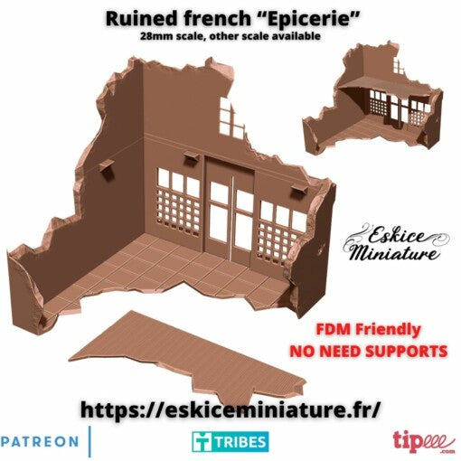Ruined French Epicerie - French Structures - 28mm - Eskice Miniature