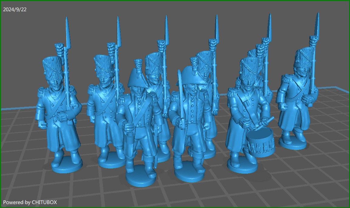 28mm Napoleonic French old Guard Grenadiers w greatcoat - 9 minis - MC Minis