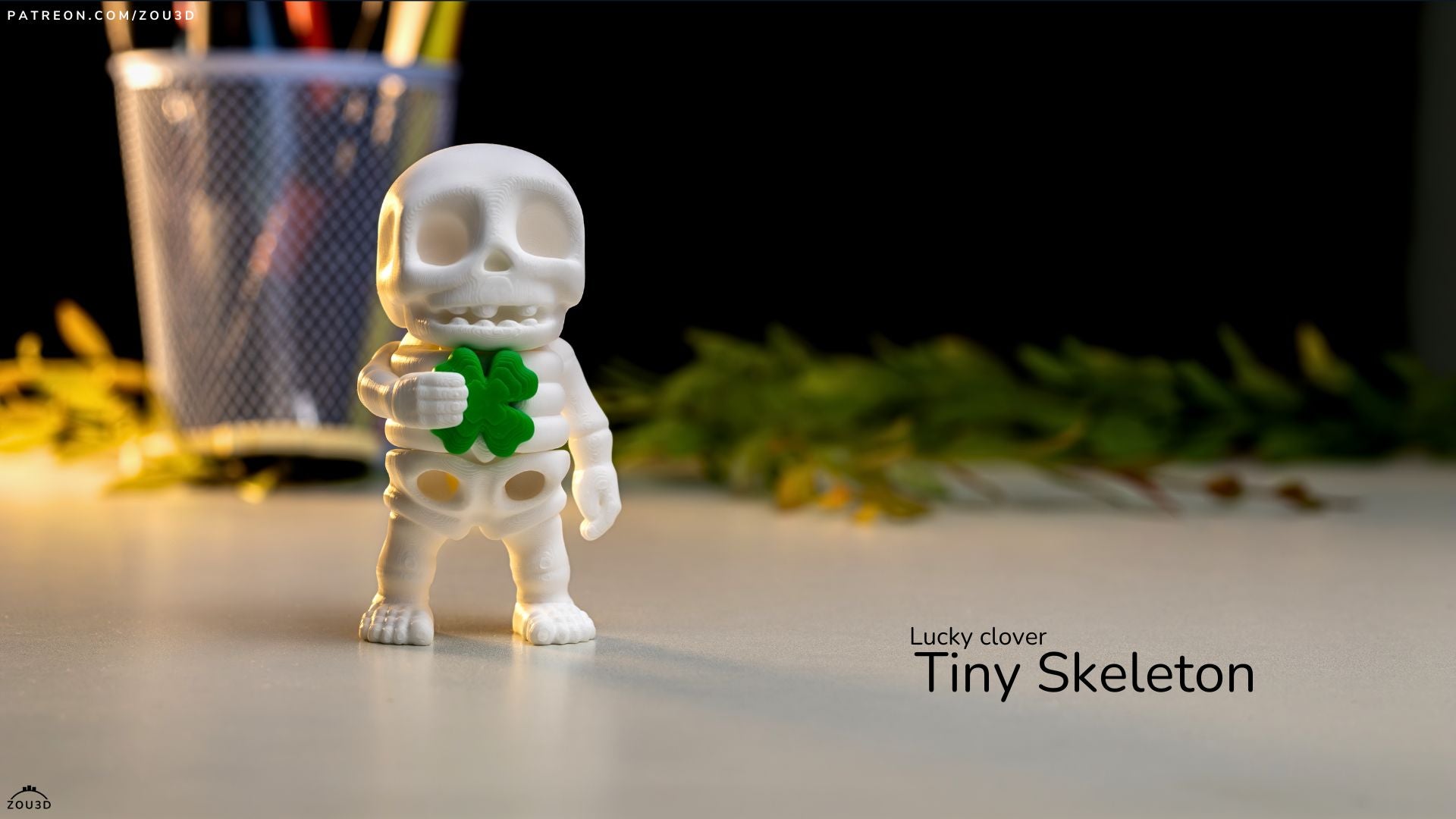 Lucky Clover Tiny Skeleton - Articulated - Keychain - Desk Ornament - ZOU3D