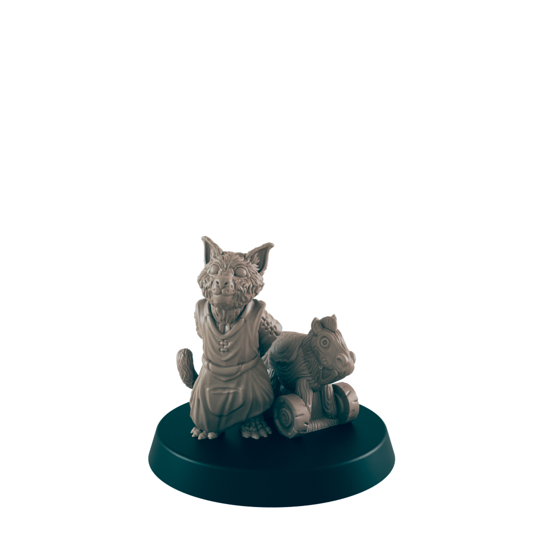 Catfolk Kid and Toy - Everyday Folk - Minis - EC3D - - Dungeons & Dragons - RPG - Tabletop - EC3D - Miniature