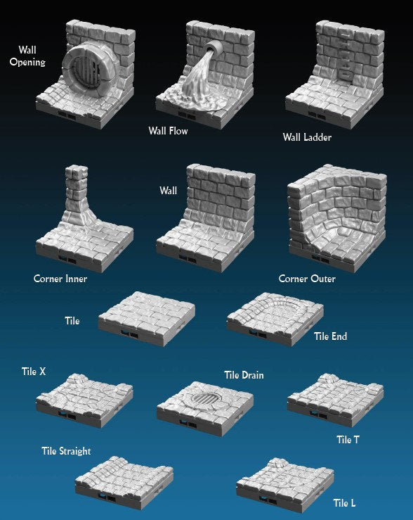 Sewer Tiles - DragonLock - DND - Pathfinder - RPG - Dungeon & Dragons - 28 mm / 1" - Fat Dragon Games