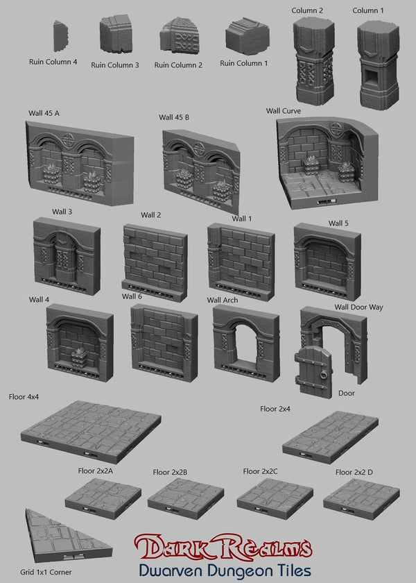 Dwarven Dungeon Tiles  Walls - DND - Dungeons & Dragons - RPG - Pathfinder - Tabletop - TTRPG - Medieval Scenery - Dark Realms - 28 mm