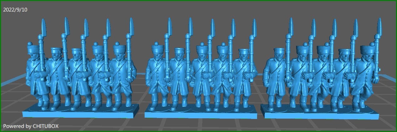 French with greatcoat with pokalem and shakos 1812-15 - 3 strips - small 15mm epic size - war games - historical wargaming - resin