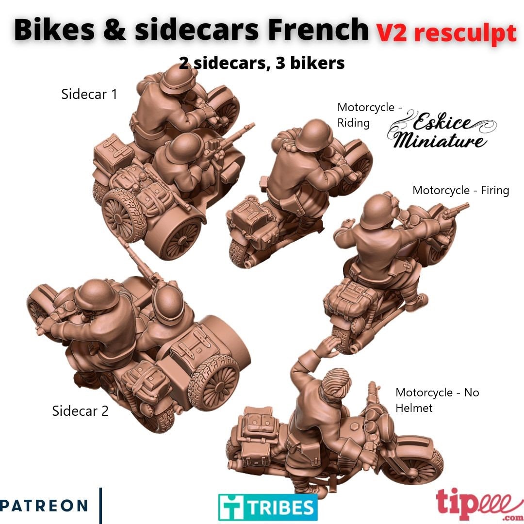 Motorcycles - 5 styles - French Army - Great for Table Top War Games and Dioramas - Resin 28mm - Eskice Miniature