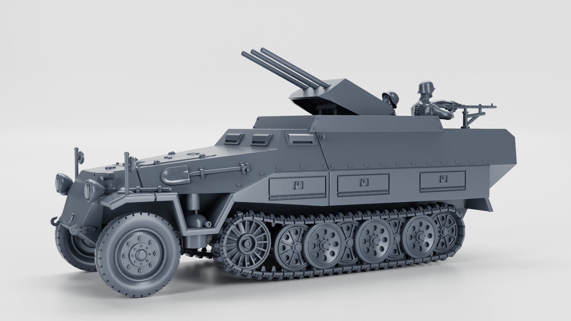 Half-track Sd.Kfz.251/21 Ausf.D Fliegerabwehr Schutzenpanzerwagen (Drilling) + Crewmen - German Army -  wargame3d - 28mm Scale
