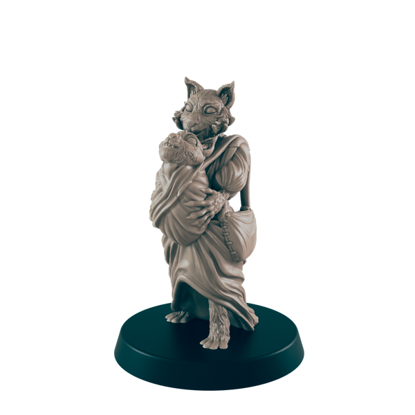 Catfolk Mother and Child - Everyday Folk - Minis - EC3D - - Dungeons & Dragons - RPG - Tabletop - EC3D - Miniature