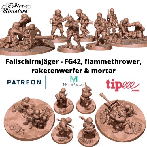 Fallschirmjäger Raketenwerfer, Mortar, FG42 & Flamethrower - German Army - 28mm -  Eskice Miniature