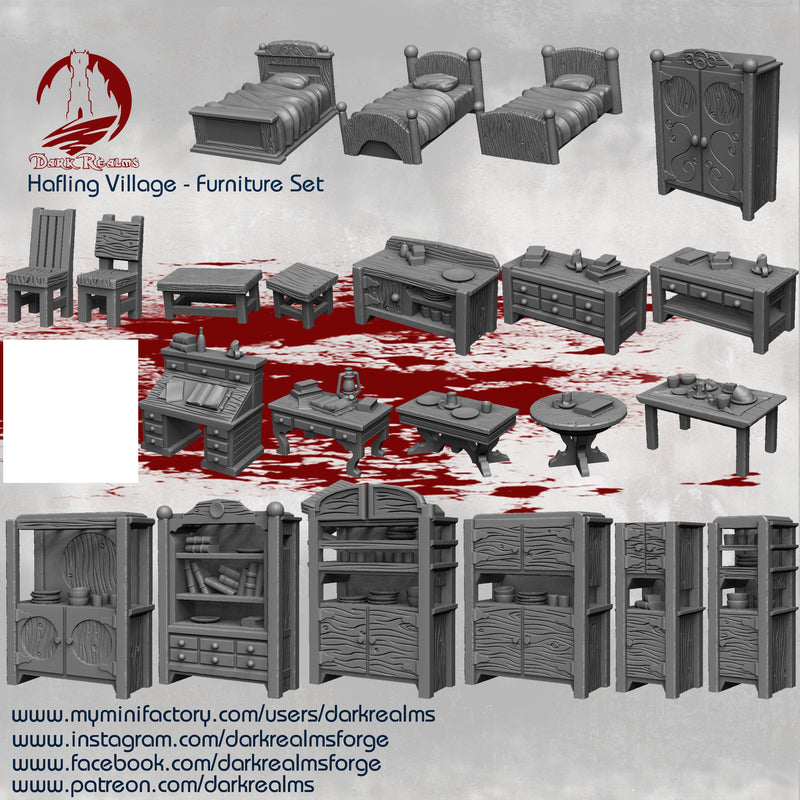 Furniture Set - DND - Dungeons & Dragons - RPG - Pathfinder - Tabletop - TTRPG - Halfling Village - Dark Realms - 28 mm
