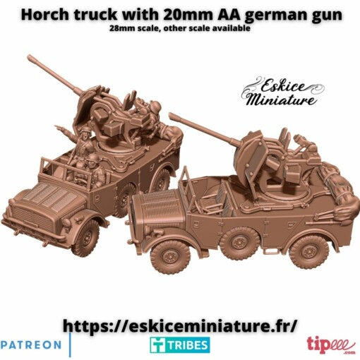 Horch Truck with 20mm AA German Gun - German Army - 28mm -  Eskice Miniature