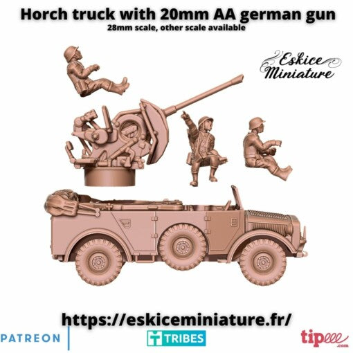 Horch Truck with 20mm AA German Gun - German Army - 28mm -  Eskice Miniature