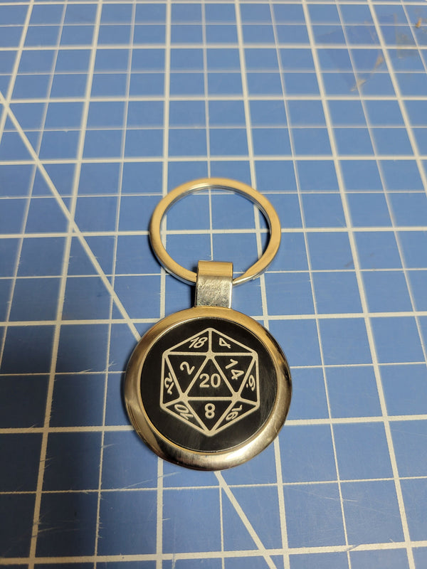 D20 Dice - Metal Round Keychain - 1.5" - Laser Engraved - D&D Themed - Dungeons and Dragons Gift
