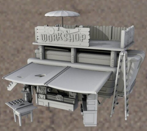 Workshop Trailer Vendor - Oasis in the Sea of Dirt - Atom Punk - Starfinder - Cyberpunk -Science Fiction -Syfy - RPG- Tabletop- Scatter-28mm